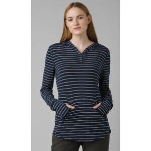 PrAna Women's Long Sleeve 1/4 Snape Neck Hooded Top Hoodie Blue/White Striped-L